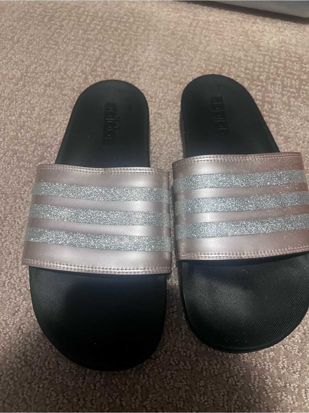 Adidas pink/silver Glitter Stripe Slides -9